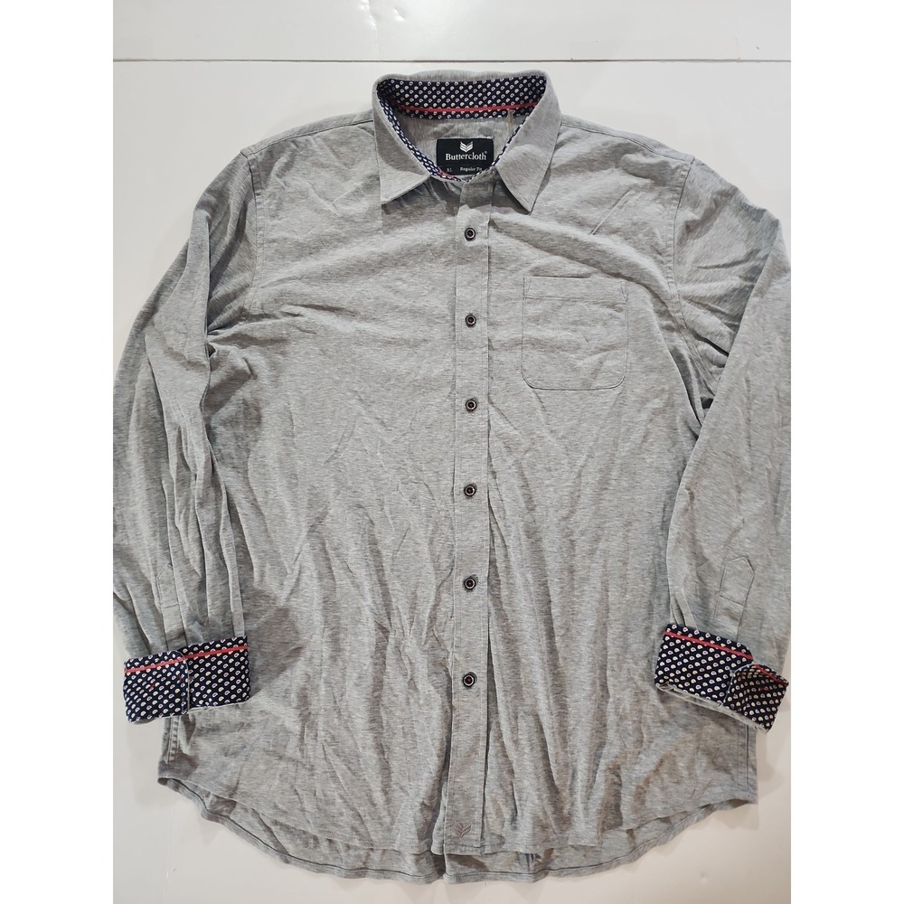 Buttercloth Mens XL Shirt Gray Long Sleeve Geometric Contrast Trim Regular Fit
